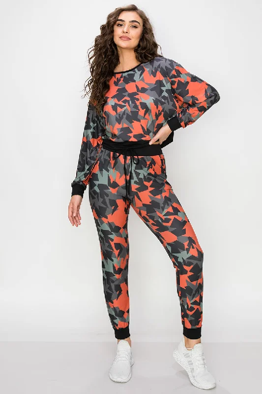 Complex Geo Print Long Sleeve Jogger Set