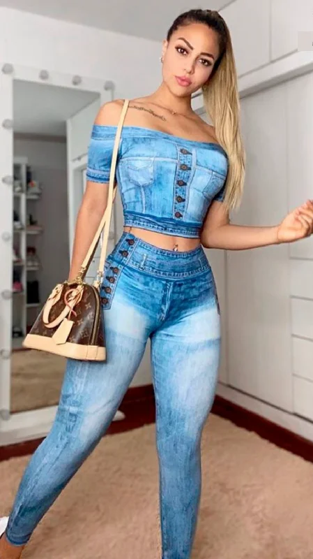 Off Shoulder Denim Set for Women (2 pieces)