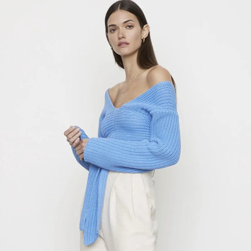 Elegant Blue Plunging Neck Open Back Long Sleeve Self Tie Brioche Knit Sweater