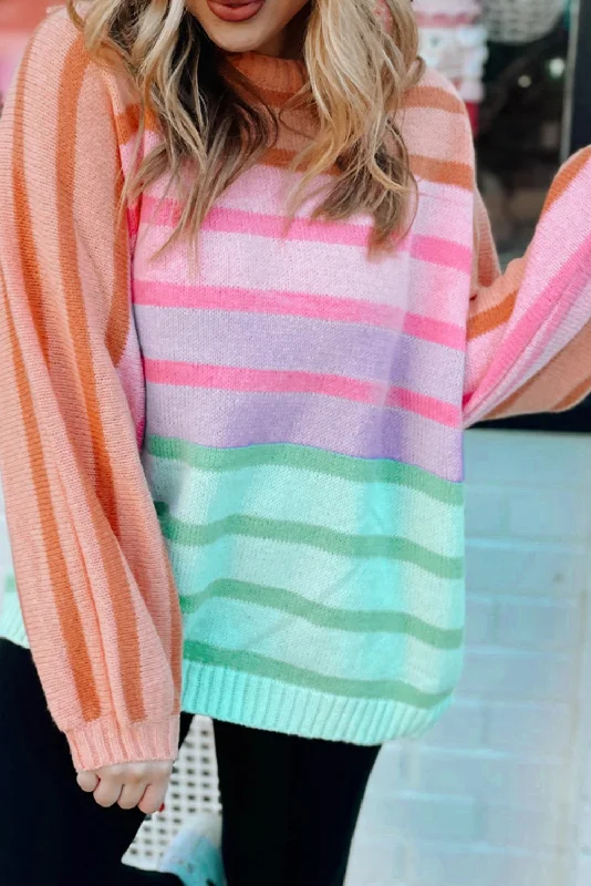 Multicolour Striped Ribbed Edge Gradient Loose Sweater