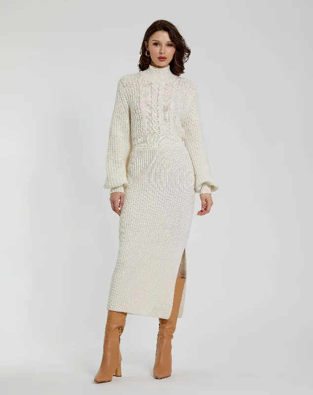 White Long Sleeve Turtle Neck Knit Midi Dress