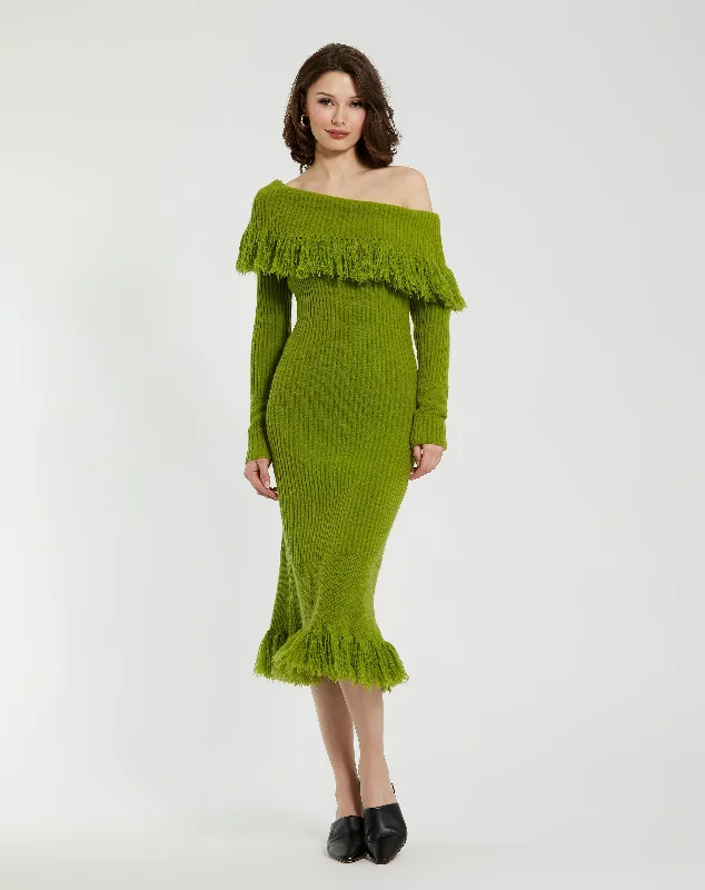 Green Off The Shoulder Fringe Long Sleeve Knit Dress