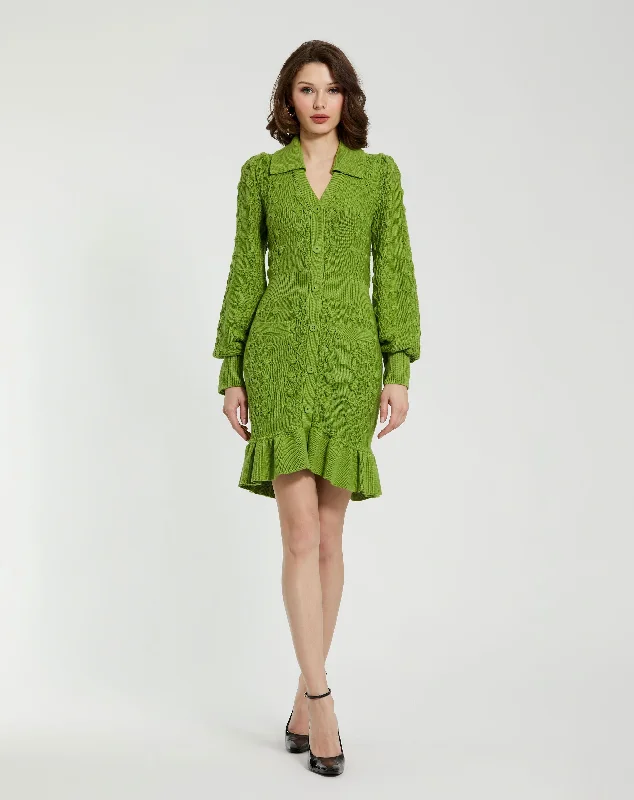 Green Long Sleeve Button Up Collared Bobble Knit Sweater Dress