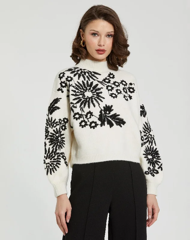 Balloon Sleeve Cropped Mock Neck Knit Sweater