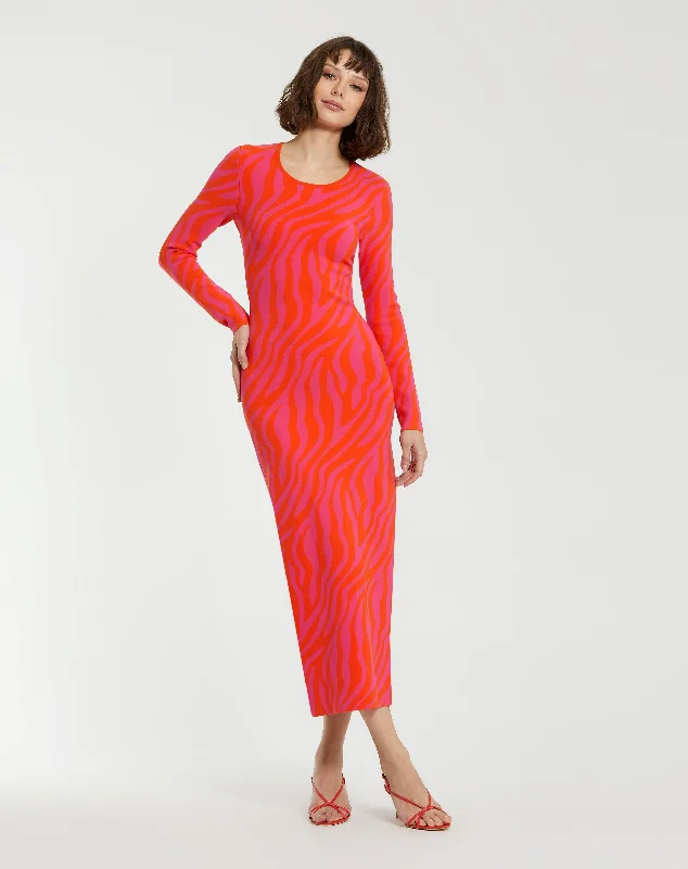 Fitted Long Sleeve Zebra Print Knit Maxi Dress - FINAL SALE