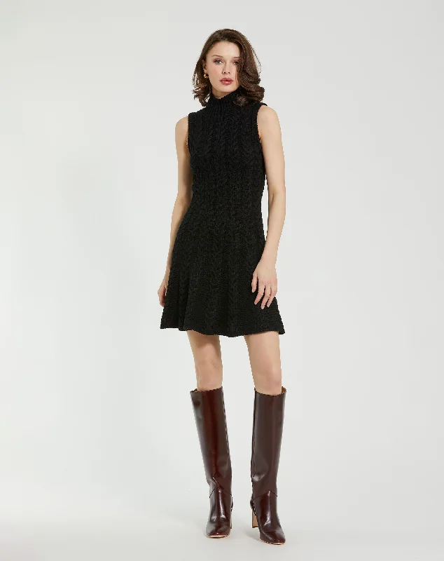 Black Cable Knit Turtle Neck Sleeveless Mini Sweater Knit Dress