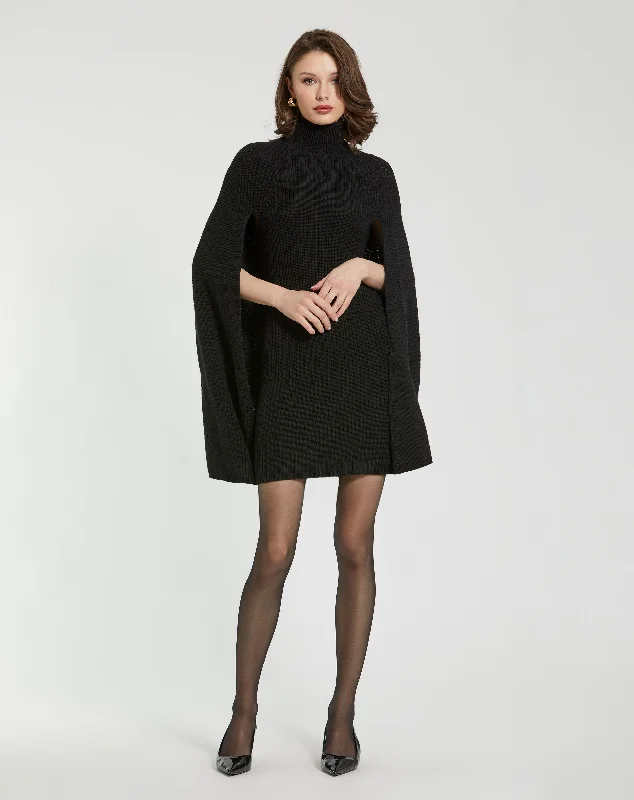 Black Turtle Neck Knit Cape Mini Dress