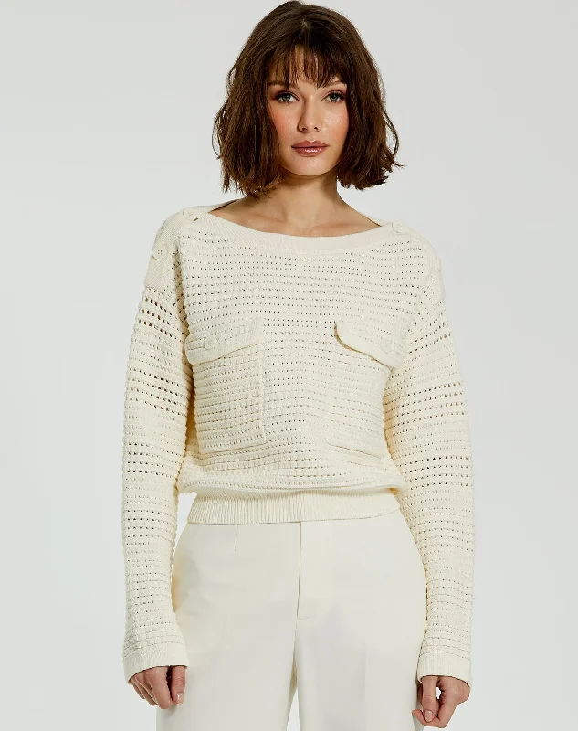 Long Sleeve Crochet Knit Crew Neck Sweater With Pockets - FINAL SALE