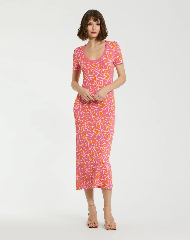 Short Sleeve Scoop Neck Floral Knit Maxi Dress - FINAL SALE