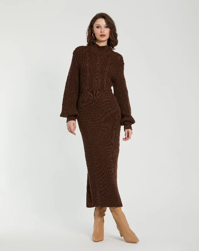 Brown Long Sleeve Turtle Neck Knit Midi Dress