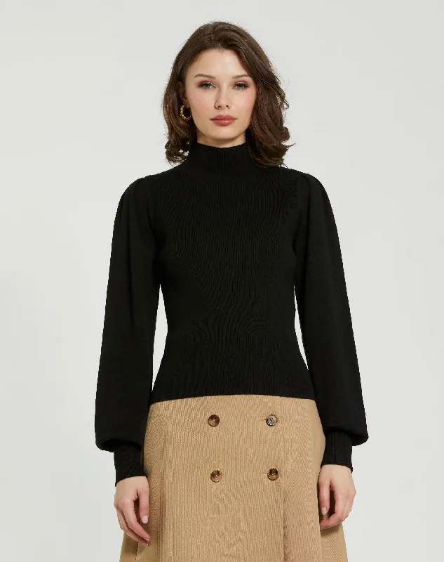 Black Ribbed Knit Balloon Sleeve Turtle Neck Sweater - FINAL SALE