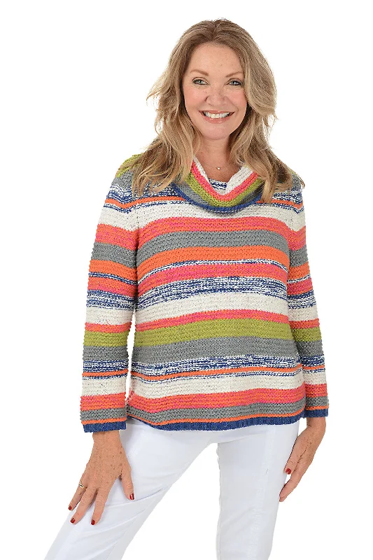 Striped Cowl Neck Chunky Knit Sweater