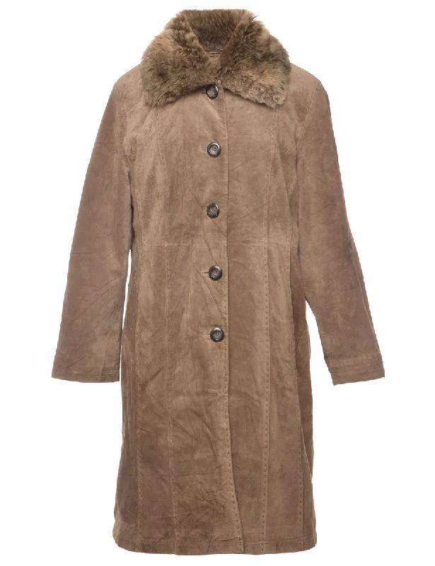 Single-Breasted Brown Suede Coat - M