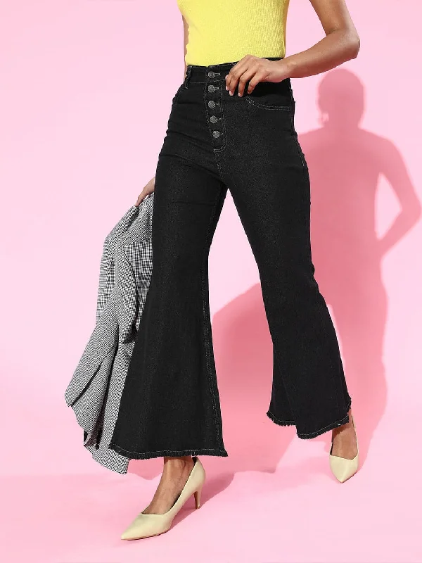 Black Front Button Bell Bottom Jeans