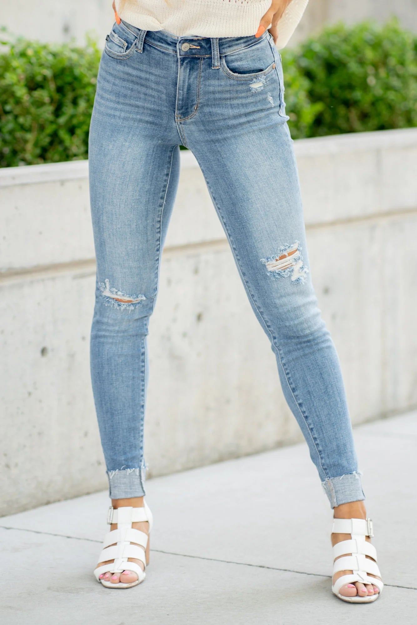 Judy Blue Mid Rise Distressed Cuffed Skinny Jeans