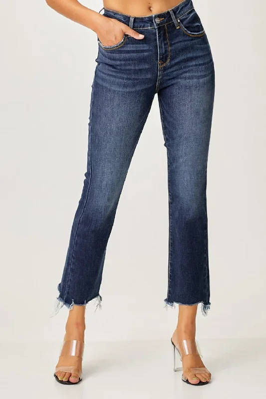 RISEN High Rise Raw Cut Hem Slim Straight Leg Jeans