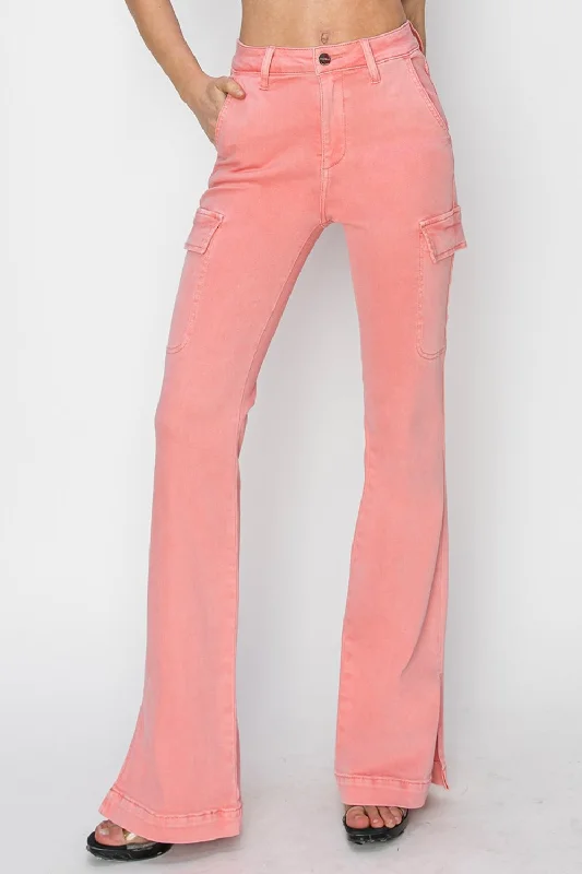 RISEN High Rise Side Slit Cargo Bootcut Jeans Flamingo