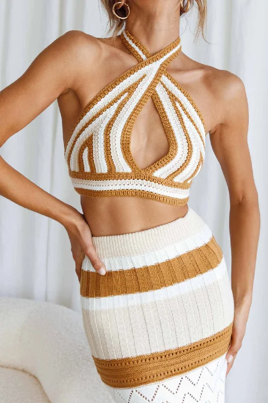 Higher Love Knit Halterneck Crop Top Striped Camel