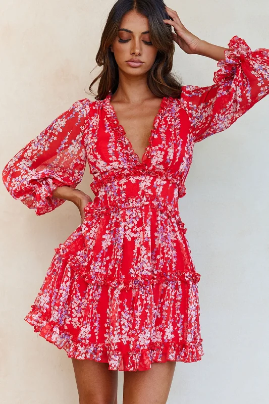 Laney Cutout Back Ruffle Detail Floral Dress Red