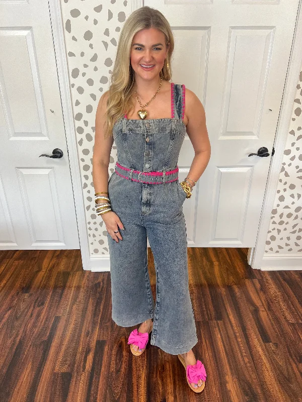 Pink Trim Denim Jumpsuit