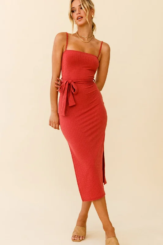 Serenade Me Square Neckline Side Split Midi Dress Rose