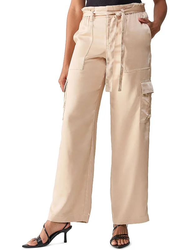 All Tied Up Womens Satin Wide Leg Cargo Pants