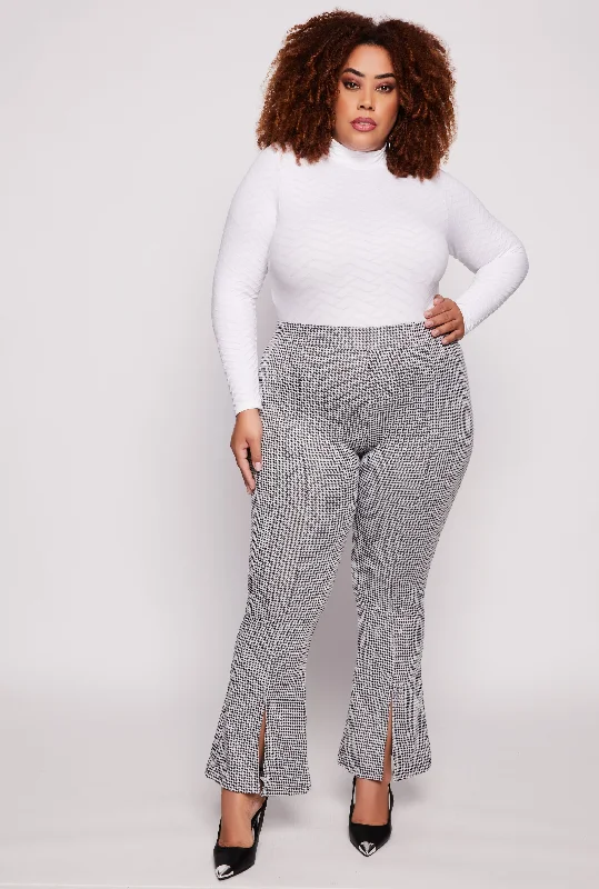 Plus Size Houndstooth Slit Hem Flare Pants