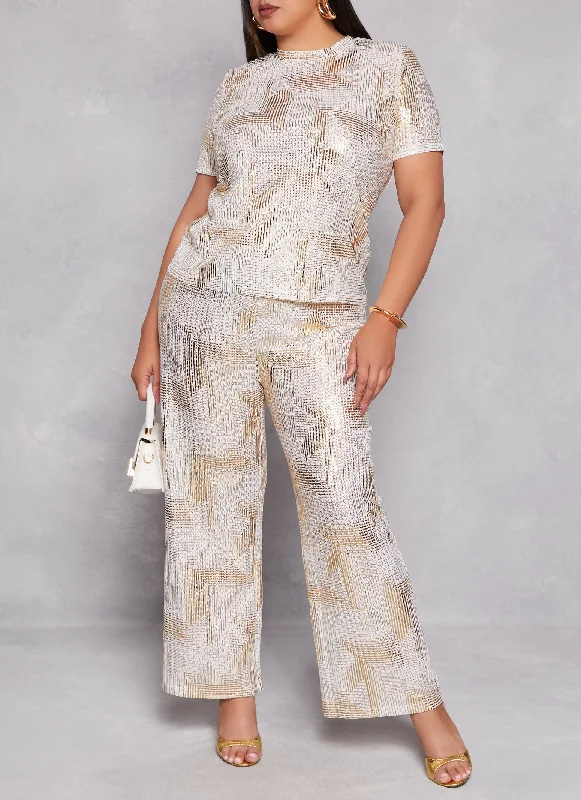 Plus Size Patterned Foil Screen Wide Leg Pants