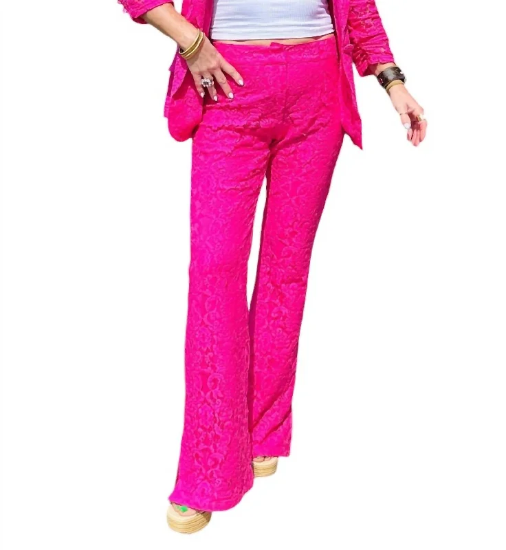 Side Slit Lace Flare Pants In Hot Pink