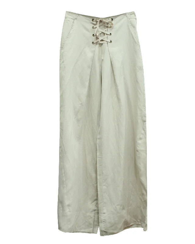 Ulla Johnson Lace Up Pleated Twill Pants in Beige Lyocell