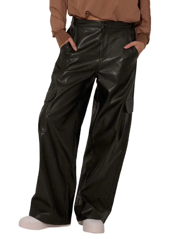 Vegan Leather Wide-Leg Cargo Pant In Black